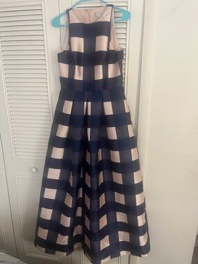 Kay Unger Navy and Blush Gingham Maxi Dress